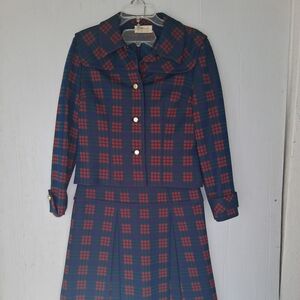 vintage B Altman & Co. Womens 2 Piece Jacket and Dress Set Plaid Size L Red/Blue